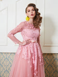 A-Line/Princess Scoop 3/4 Sleeves Floor-Length Applique Tulle Dresses TPP0003216