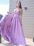 A-Line/Princess Satin Ruched V-neck Sleeveless Sweep/Brush Train Dresses TPP0001754