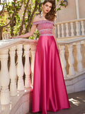 A-Line/Princess Off-the-Shoulder Beading Sleeveless Satin Floor-Length Two Piece Dresses TPP0003592