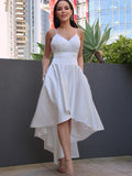 A-Line/Princess Satin Ruched V-neck Sleeveless Asymmetrical Wedding Dresses TPP0007019