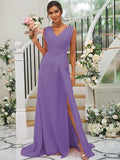 A-Line/Princess Chiffon Ruched V-neck Sleeveless Sweep/Brush Train Bridesmaid Dresses TPP0004916