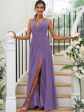 A-Line/Princess Chiffon Ruffles V-neck Sleeveless Floor-Length Bridesmaid Dresses TPP0004944