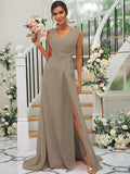 A-Line/Princess Chiffon Ruched V-neck Sleeveless Sweep/Brush Train Bridesmaid Dresses TPP0004916