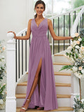 A-Line/Princess Chiffon Ruffles V-neck Sleeveless Floor-Length Bridesmaid Dresses TPP0004944