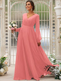 A-Line/Princess Chiffon Ruched V-neck Long Sleeves Floor-Length Bridesmaid Dresses TPP0004950