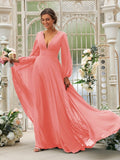 A-Line/Princess Chiffon Ruffles V-neck Long Sleeves Sweep/Brush Train Bridesmaid Dresses TPP0004894