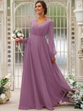 A-Line/Princess Chiffon Ruched V-neck Long Sleeves Floor-Length Bridesmaid Dresses TPP0004950