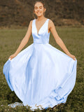 A-Line/Princess Ruffles V-neck Sleeveless Satin Sweep/Brush Train Dresses TPP0004804