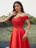 A-Line/Princess Silk like Satin Applique Off-the-Shoulder Sleeveless Sweep/Brush Train Two Piece Dresses TPP0001490