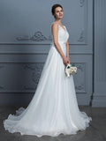 A-Line/Princess V-neck Sleeveless Floor-Length Lace Chiffon Wedding Dresses TPP0006395