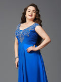 A-Line/Princess Straps Beading Short Sleeves Long Chiffon Plus Size Dresses