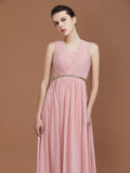 A-Line/Princess Lace Sleeveless Floor-Length Chiffon Ruched V-neck Bridesmaid Dresses TPP0005862