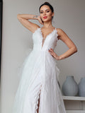 A-Line/Princess Lace Ruffles V-neck Sleeveless Sweep/Brush Train Wedding Dresses TPP0006454