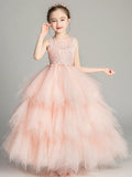 A-Line/Princess Tulle Applique Scoop Sleeveless Floor-Length Flower Girl Dresses TPP0007507