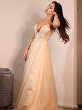 A-Line/Princess Lace Applique V-neck Sleeveless Sweep/Brush Train Wedding Dresses TPP0006491