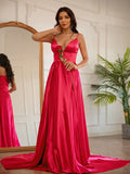 A-Line/Princess Silk like Satin Ruched V-neck Sleeveless Sweep/Brush Train Dresses TPP0001389