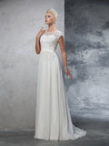 A-Line/Princess Sheer Neck Applique Short Sleeves Long Chiffon Wedding Dresses TPP0006193