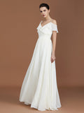 A-Line/Princess Short Sleeves Spaghetti Straps Ruched V-neck Floor-Length Chiffon Bridesmaid Dresses TPP0005580