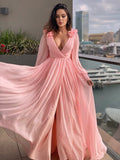 A-Line/Princess 3D Chiffon Ruffles V-neck Long Sleeves Sweep/Brush Train Dresses TPP0004661