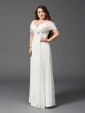 A-Line/Princess Off-the-Shoulder Ruched Short Sleeves Long Chiffon Plus Size Dresses TPP0001920