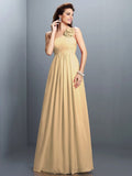 A-Line/Princess One-Shoulder Hand-Made Flower Pleats Sleeveless Long Chiffon Bridesmaid Dresses TPP0005399