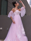 A-Line/Princess Tulle Applique Sweetheart Short Sleeves Court Train Wedding Dresses TPP0006133