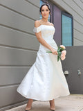 A-Line/Princess Satin Ruffles Spaghetti Straps Sleeveless Ankle-Length Wedding Dresses TPP0007030