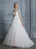 Ball Gown V-neck Court Train 1/2 Sleeves Lace Tulle Wedding Dresses TPP0006340