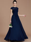 A-Line/Princess Jewel Short Sleeves Lace Floor-Length Chiffon Bridesmaid Dresses TPP0005179