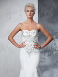 Trumpet/Mermaid Sweetheart Beading Sleeveless Long Satin Wedding Dresses TPP0006464