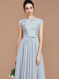 A-Line/Princess Jewel Short Sleeves Lace Floor-Length Chiffon Bridesmaid Dresses TPP0005264