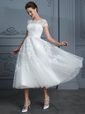 A-Line/Princess Scoop Short Sleeves Tea-Length Beading Tulle Wedding Dresses TPP0006474