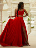 A-Line/Princess Silk like Satin Ruffles Spaghetti Straps Sleeveless Sweep/Brush Train Two Piece Dresses TPP0004876