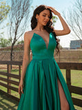 A-Line/Princess Satin Ruffles V-neck Sleeveless Sweep/Brush Train Dresses TPP0001519