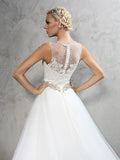 A-Line/Princess Sheer Neck Beading Sleeveless Long Net Wedding Dresses TPP0006614