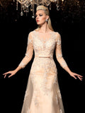 A-Line/Princess Sheer Neck Applique Long Sleeves Long Satin Dresses TPP0006599