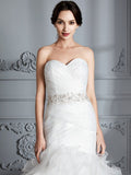 Trumpet/Mermaid Sweetheart Sleeveless Ruffle Sweep/Brush Train Satin Wedding Dresses TPP0006209