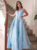 A-Line/Princess Lace Applique V-neck Sleeveless Floor-Length Dresses TPP0004761