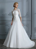 A-Line/Princess 1/2 Sleeves Scoop Lace Court Train Tulle Wedding Dresses TPP0006509