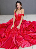 A-Line/Princess Ruffles Sleeveless Satin Off-the-Shoulder Sweep/Brush Train Dresses TPP0004573