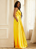 A-Line/Princess Silk like Satin Ruched V-neck Sleeveless Sweep/Brush Train Dresses TPP0001614