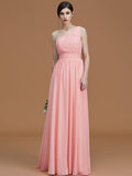 A-Line/Princess One-Shoulder Sleeveless Floor-Length Ruched Chiffon Bridesmaid Dresses TPP0005701