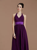 A-Line/Princess Halter Sleeveless Sash/Ribbon/Belt Floor-Length Chiffon Bridesmaid Dresses TPP0005410