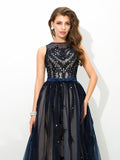 A-Line/Princess Sheer Neck Applique Sleeveless Long Tulle Dresses TPP0002434