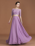 A-Line/Princess Lace Off-the-Shoulder 1/2 Sleeves Floor-Length Chiffon Bridesmaid Dress TPP0005799