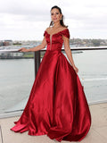 A-Line/Princess Satin Off-the-Shoulder Ruffles Sleeveless Sweep/Brush Train Dresses TPP0004780