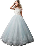 Ball Gown V-neck Short Sleeves Lace Floor-Length Tulle Flower Girl Dresses TPP0007596