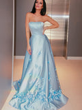 A-Line/Princess Satin Hand-Made Flower Strapless Sleeveless Sweep/Brush Train Dresses TPP0001585