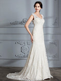 Trumpet/Mermaid Sleeveless V-Neck Lace Sweep/Brush Train Wedding Dresses TPP0006374