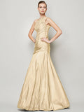 A-Line/Princess One-Shoulder Sleeveless Pleats Long Taffeta Bridesmaid Dresses TPP0005085